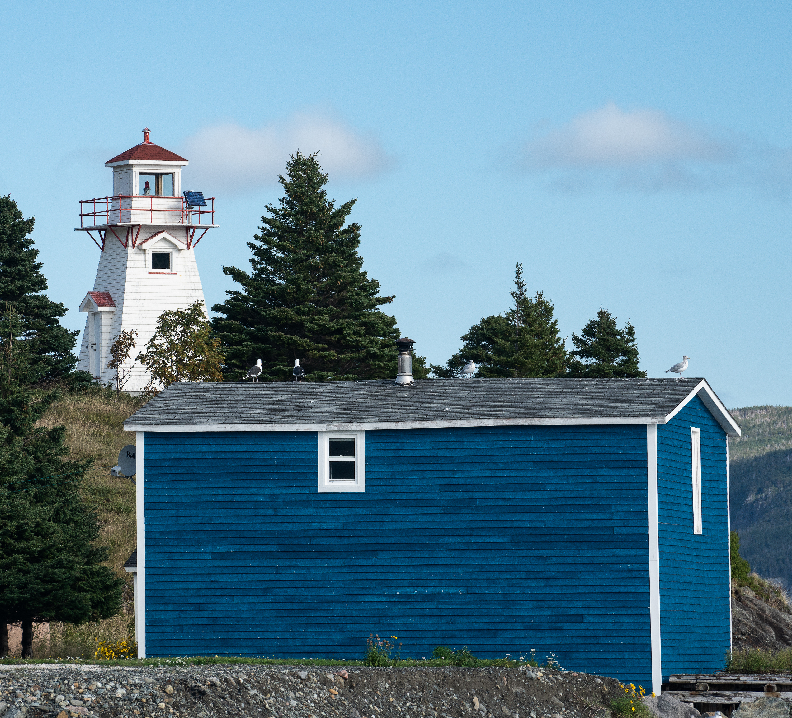 Blue building and lighthouse, Woody Point, Newfoundland (2018)