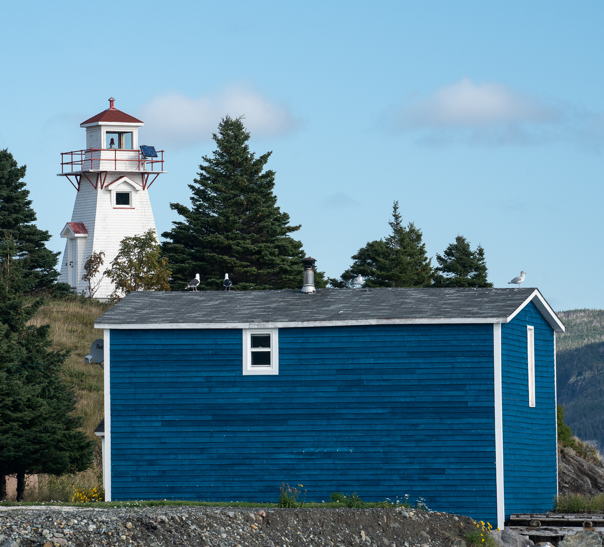Blue building and lighthouse, Woody Point, Newfoundland